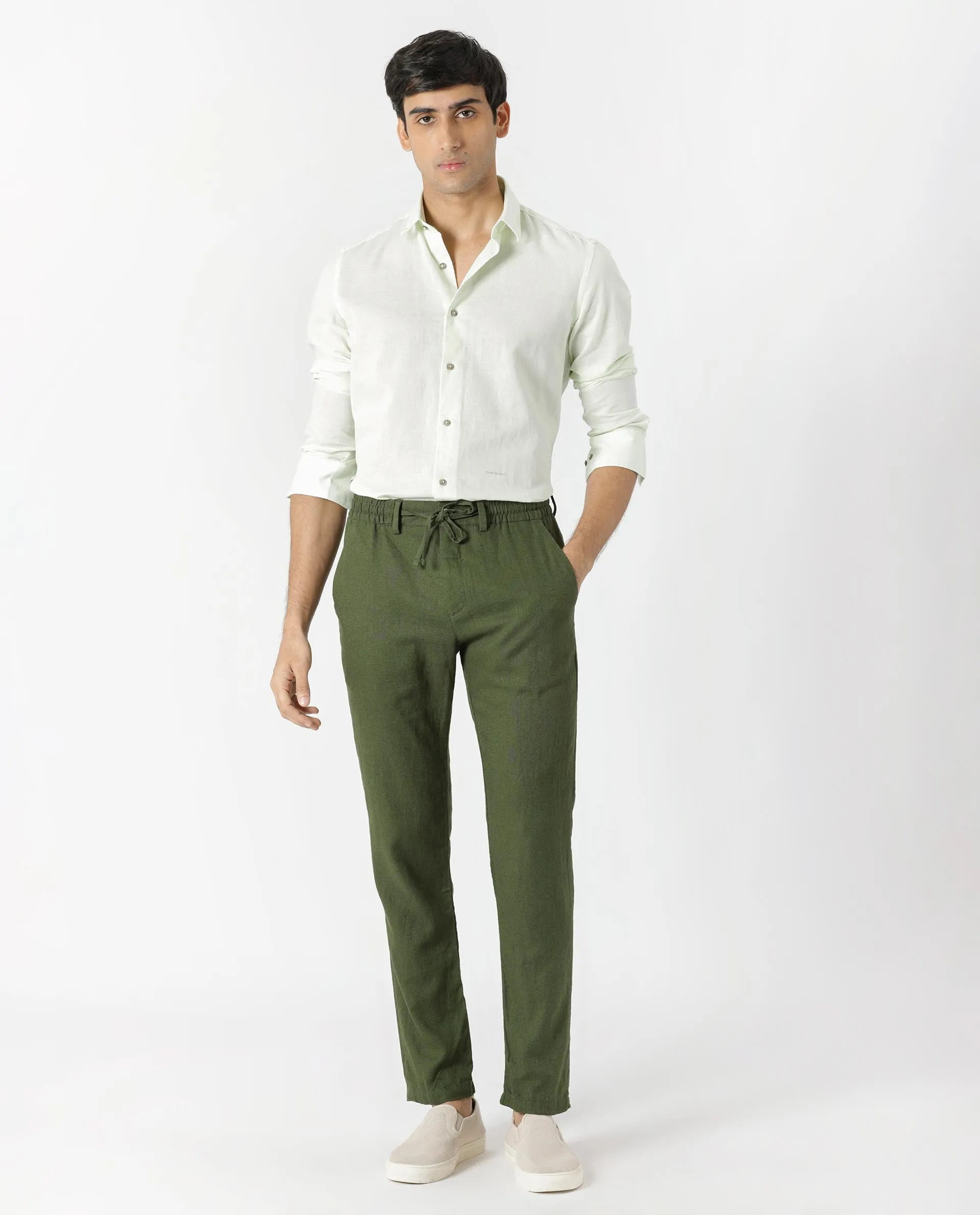 Rare Rabbit Men's Linac Olive Solid Drawstring With Elastic Waistband Regular Fit Linen Trouser