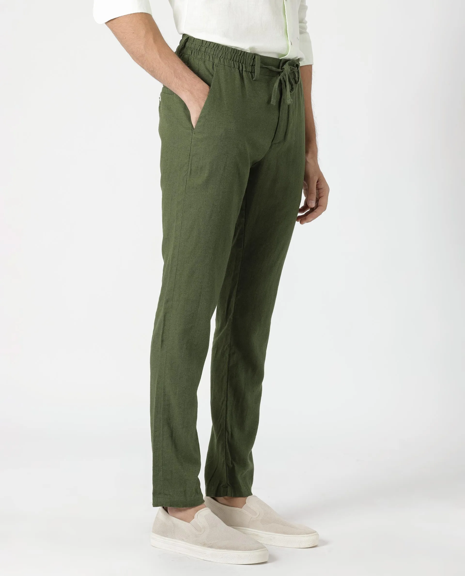 Rare Rabbit Men's Linac Olive Solid Drawstring With Elastic Waistband Regular Fit Linen Trouser