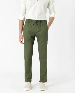 Rare Rabbit Men's Linac Olive Solid Drawstring With Elastic Waistband Regular Fit Linen Trouser