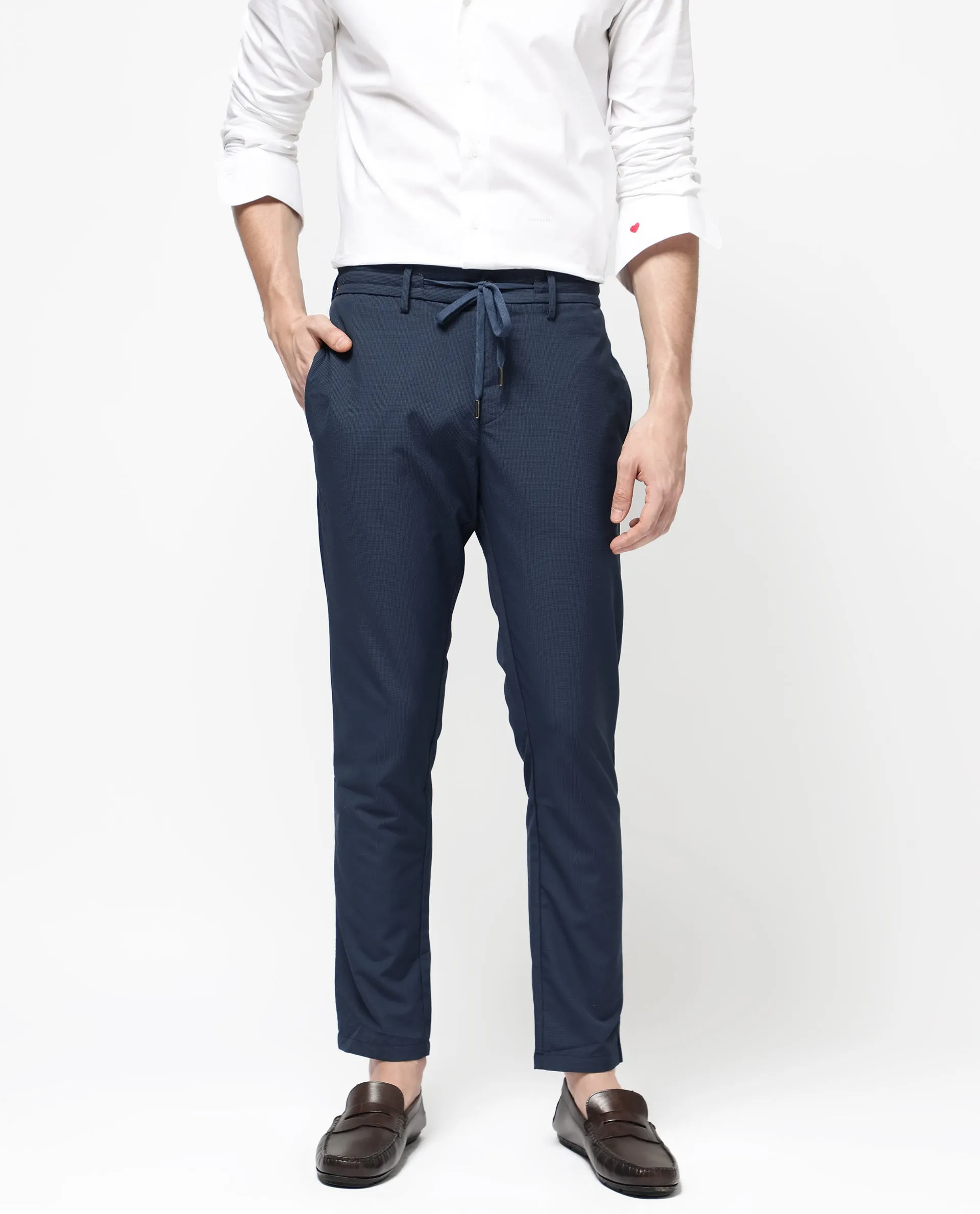 Rare Rabbit Men's Saco Navy Polyester Fabric Regular Fit Drawstring Closure Seersucker Trouser
