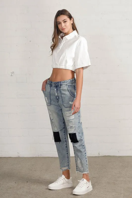 Raw Hem Patched Jeans