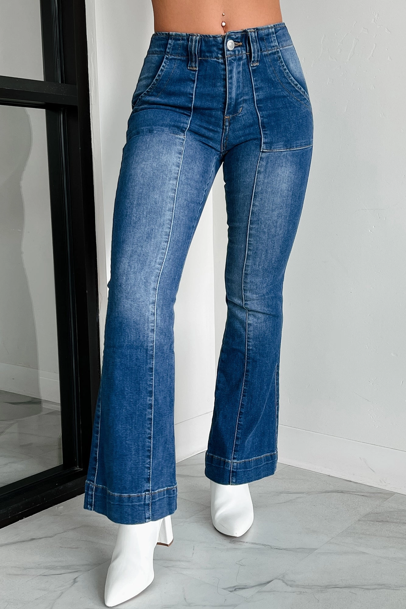 Chic Vibe Flexible Waist Casper Almost Famous High Rise Flare Jeans (Medium-Dark Wash)