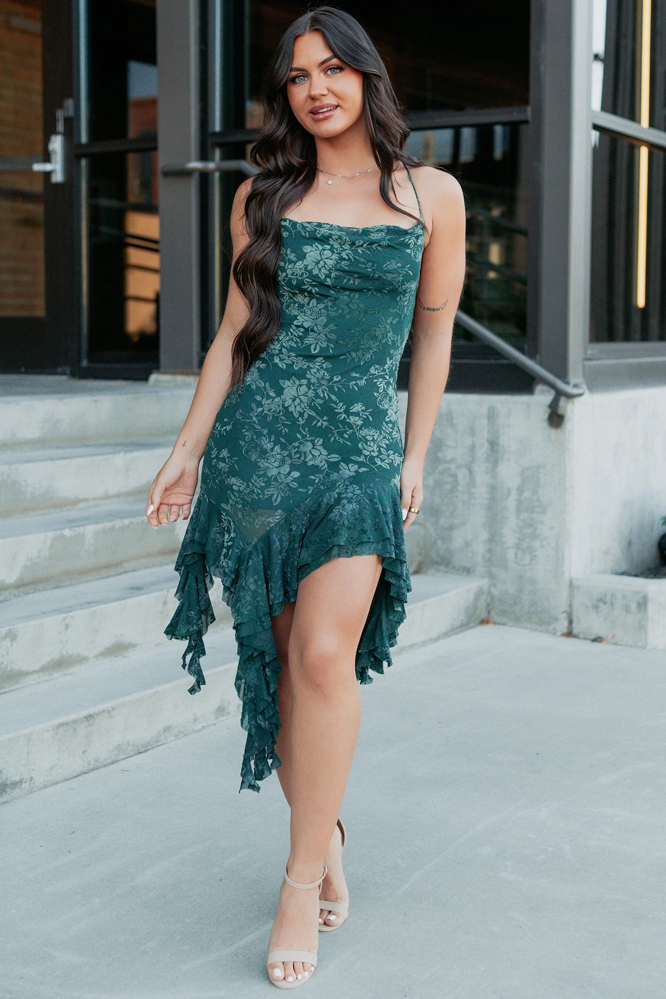 Crisp Silhouette Reckless Bloom Floral Mesh Ruffle Dress (Hunter Green)