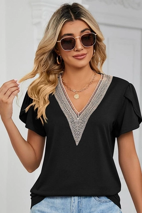 GOLD LACE V NECK RUFFLE SHORT SLEEVE TOP EcoFriendlyTexture Sporty T-shirt