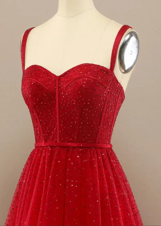 Red A-Line Princess Sweetheart Prom Dress with Beading