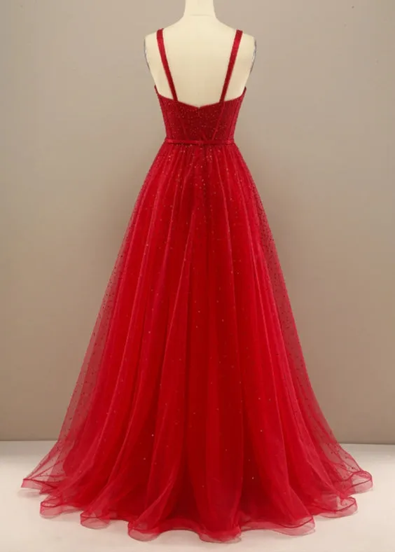 Red A-Line Princess Sweetheart Prom Dress with Beading