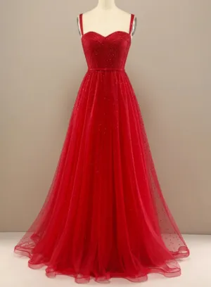 Red A-Line Princess Sweetheart Prom Dress with Beading
