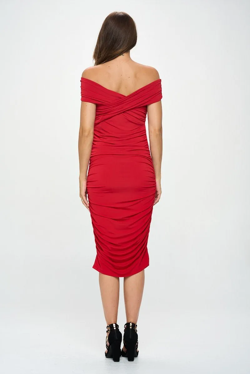 Red Off Shoulder Midi Bodycon Party Dress