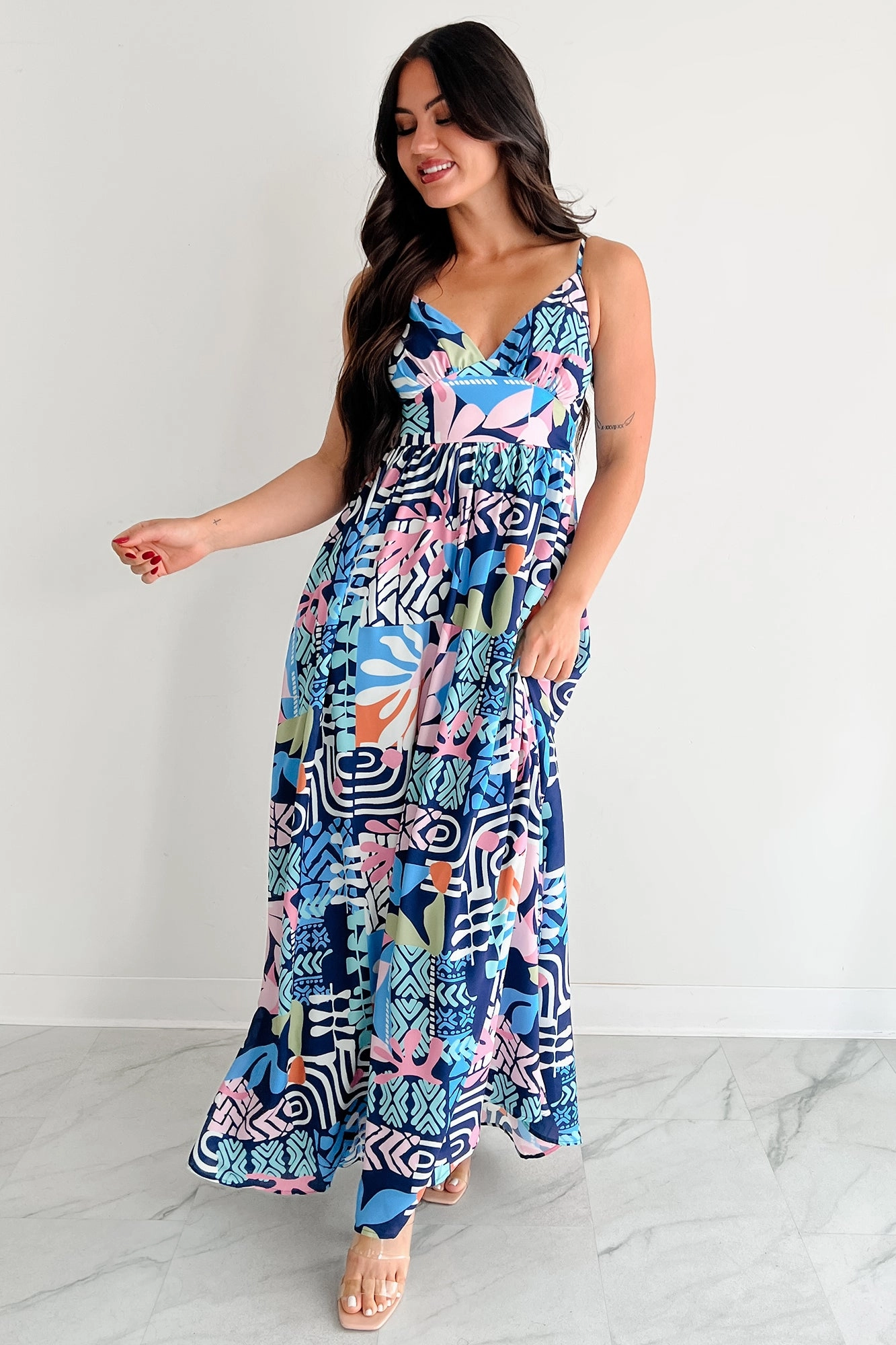 Relentlessly Bold Sleeveless Abstract Maxi Dress (Navy) Occasion Ready