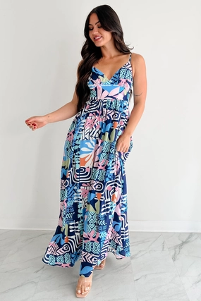Relentlessly Bold Sleeveless Abstract Maxi Dress (Navy) Shiny surface Luxury-Fabric
