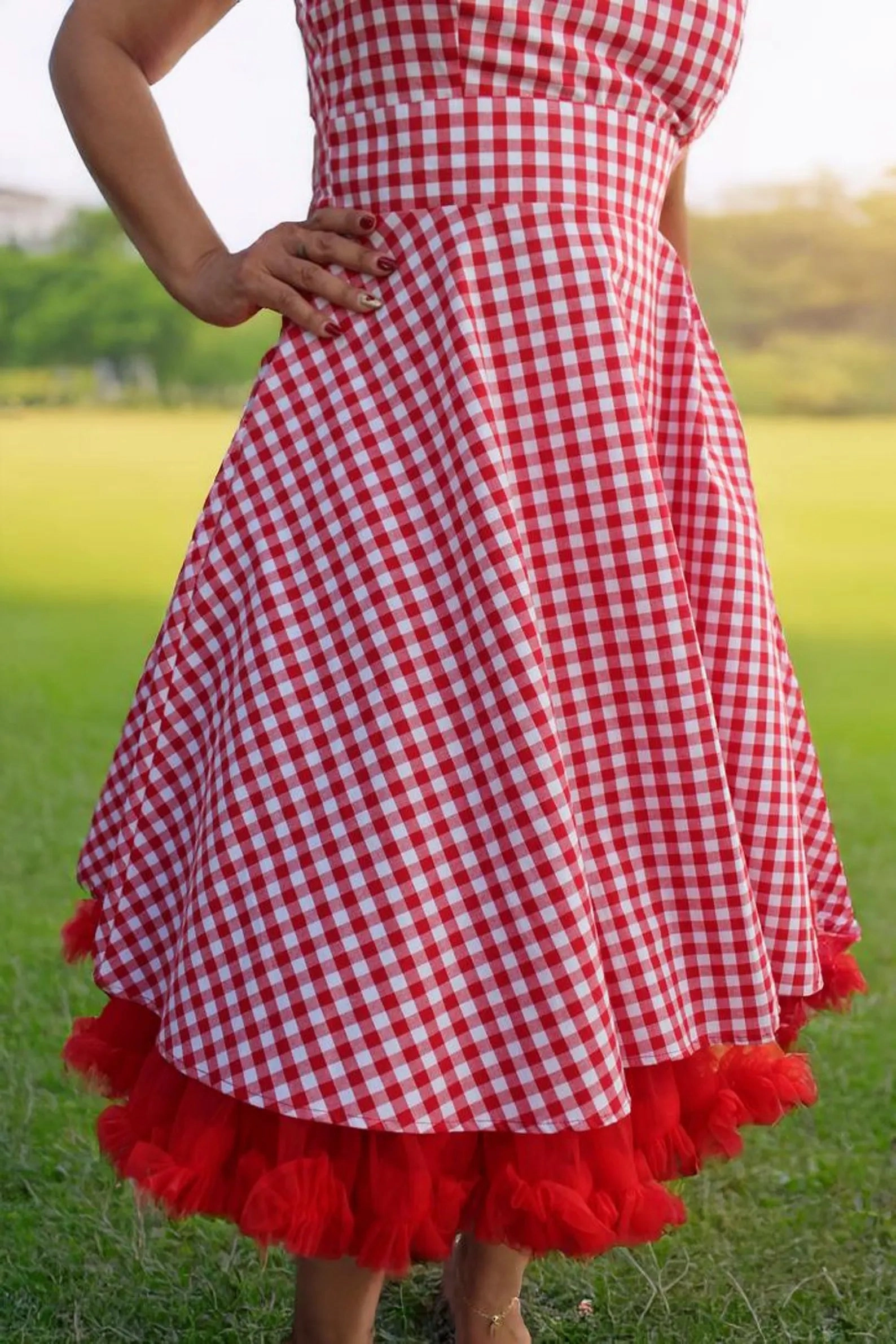 Front-Zip Trendy midi dress Red Gingham Dress Full Circle Skirt  XS-3XL
