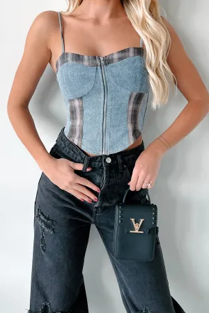 DOORBUSTER Subtle Slay Denim Plaid Zip-Front Tank Top (Blue Denim) Recycled Polyester Material Reversible Layering Tech