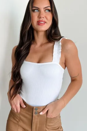 Softened Edges Trusting My Intuition Ribbed Ruffle Strap Bodysuit (White)