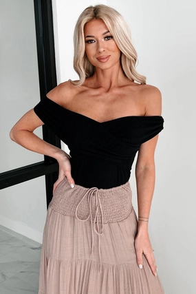 Had Me At Hello Off The Shoulder Ribbed Cross-Over Bodysuit (Black) PolyesterBlend