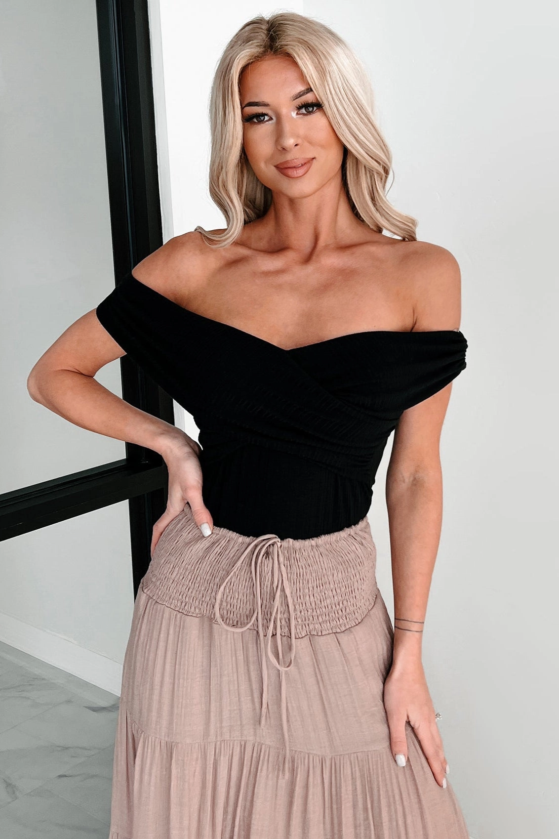 Had Me At Hello Off The Shoulder Ribbed Cross-Over Bodysuit (Black) SecurePockets