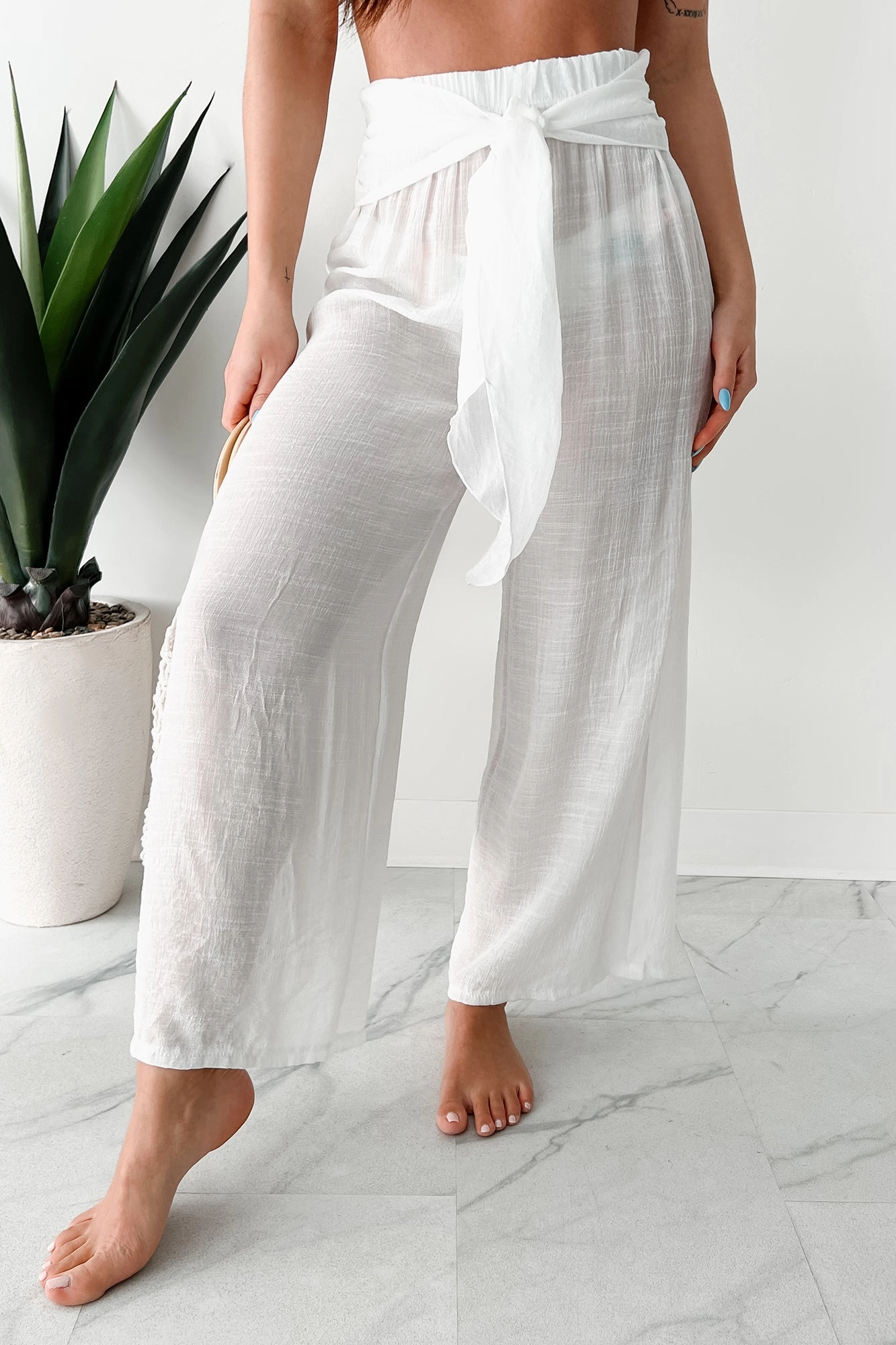 Detachable belt In Full Swing Wide Leg Linen Pants (White)