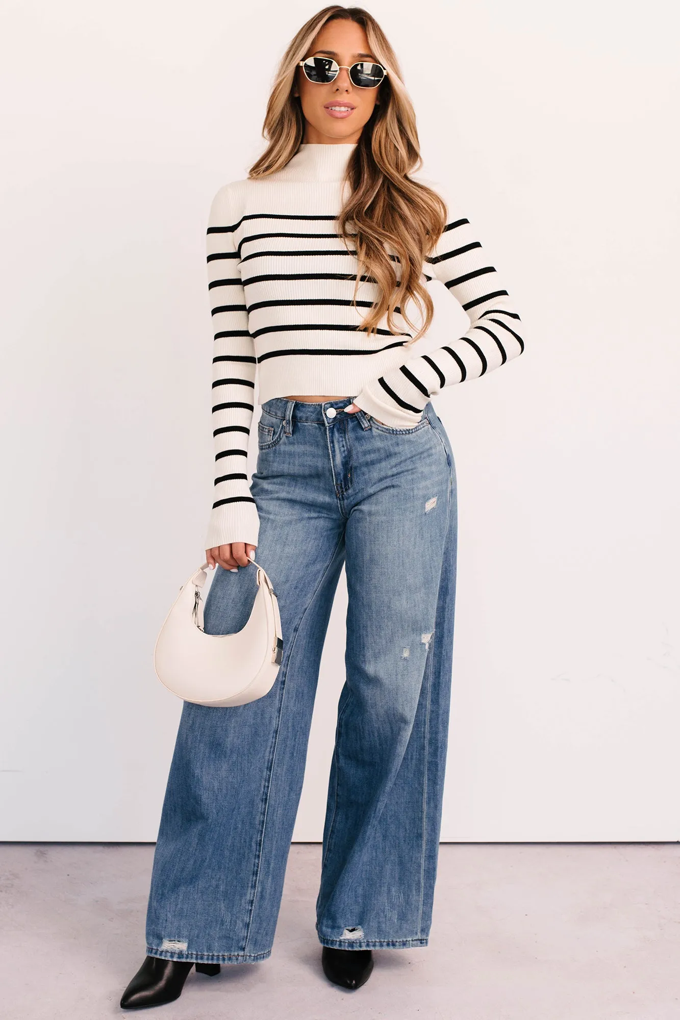 Simple Pullover preshrunk Blissful Rest Striped Mock Neck Sweater Top (Cream/Black)
