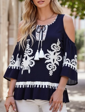 Trendy Look Lace Patchwork Fringe Lace-Up Shirt ?C Boho Viscose Blouse for Women