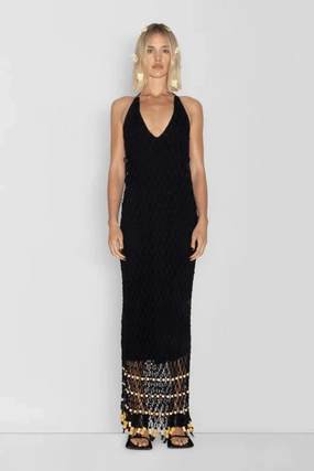 Tulle Air Slim Silhouette Reis Macrame Maxi Dress Noir