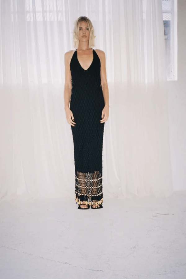 Reis Macrame Maxi Dress Noir Beaded-Edge