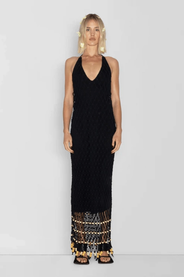 Tulle Air Slim Silhouette Reis Macrame Maxi Dress Noir
