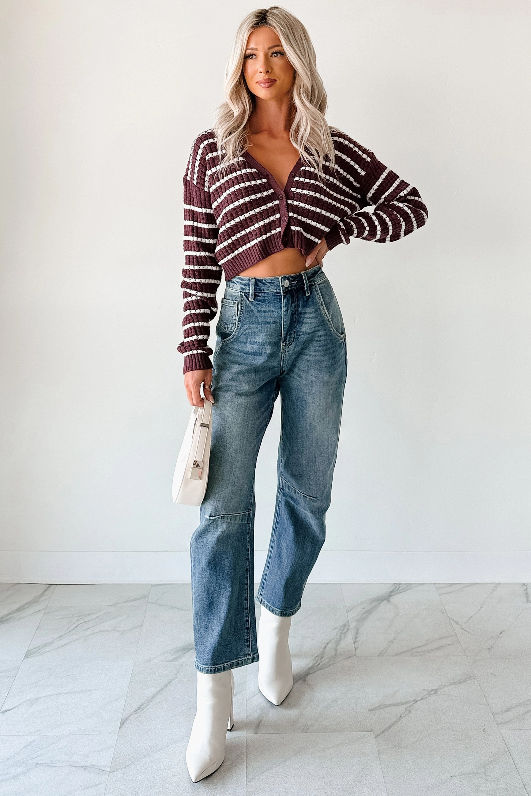 Relax & Flow Striped V Neck Cardigan Top (Dark Cherry/White) Brushed Microfiber Surface Recycled Polyester Material