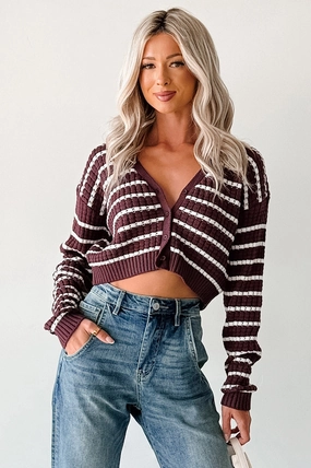 Relax & Flow Striped V Neck Cardigan Top (Dark Cherry/White) QuickReleaseFastenings NonSlip Grip Tape