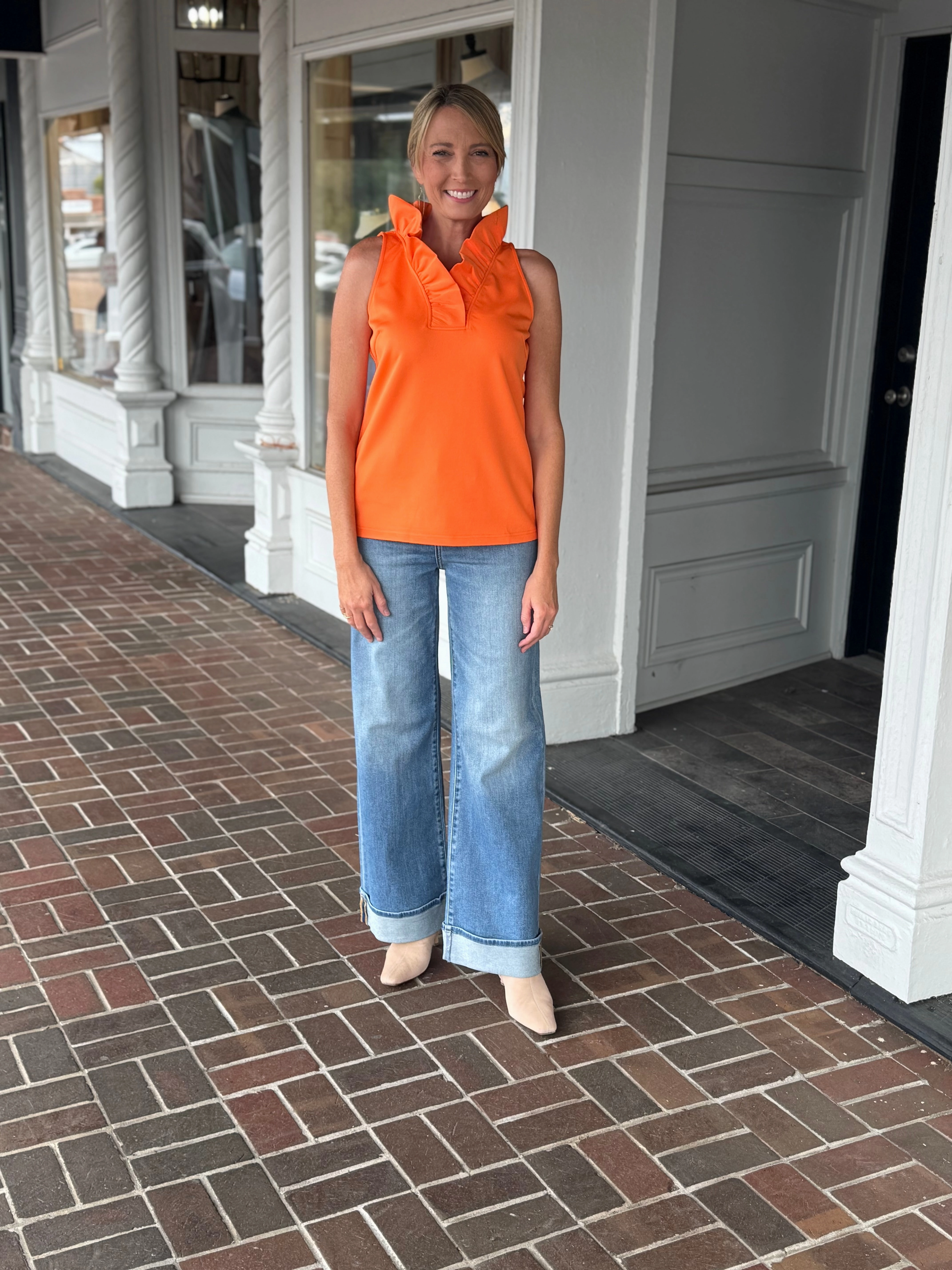 Form Fit Gretchen Scott Jersey Sleeveless Ruffneck Top in Orange