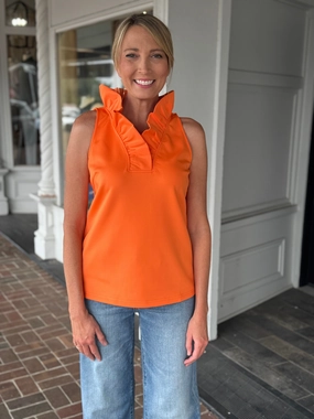 One Piece Look Structured-Shape Gretchen Scott Jersey Sleeveless Ruffneck Top in Orange
