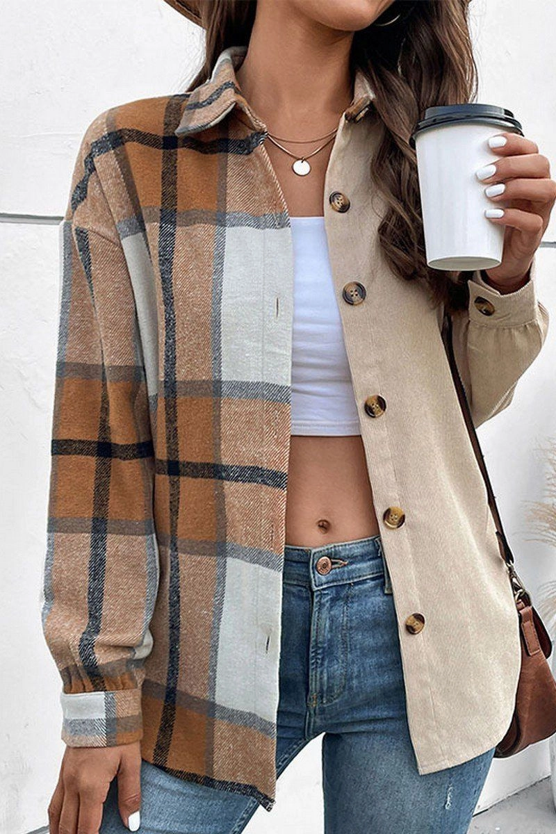 Reinforced Buttonholes WOMEN PLAID LEOPARD BUTTONED COZY FALL SHACKET