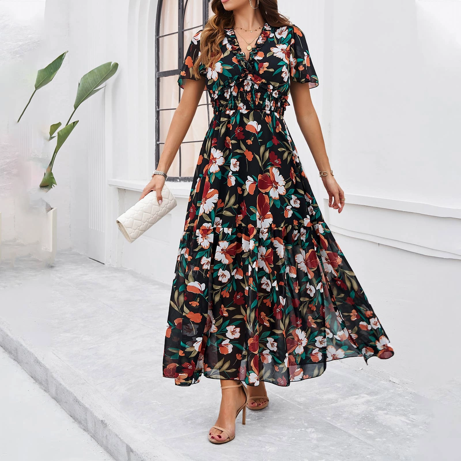 CASUAL PRINT DRESS WITH WAIST_CWDMD1914 Cloud Light Perfect Proportion