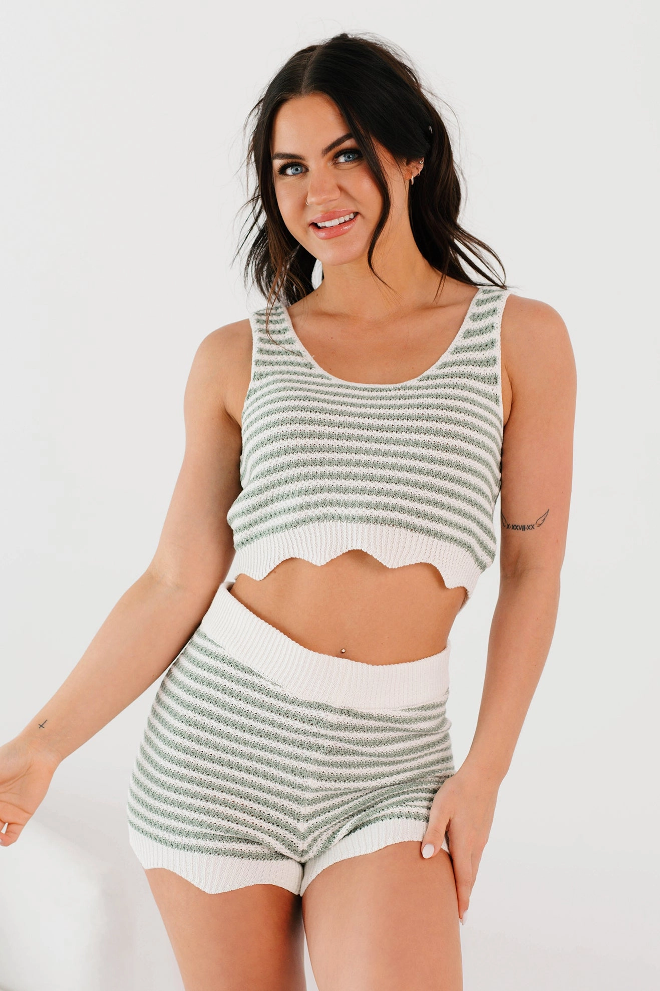 Relaxed Rhythm Striped Crop Top & Shorts Set (Sage) baseball diamond