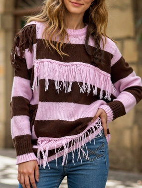 NonChafeCollarTech AllPurposeWear Color-blocked hand-knit tassel sweater