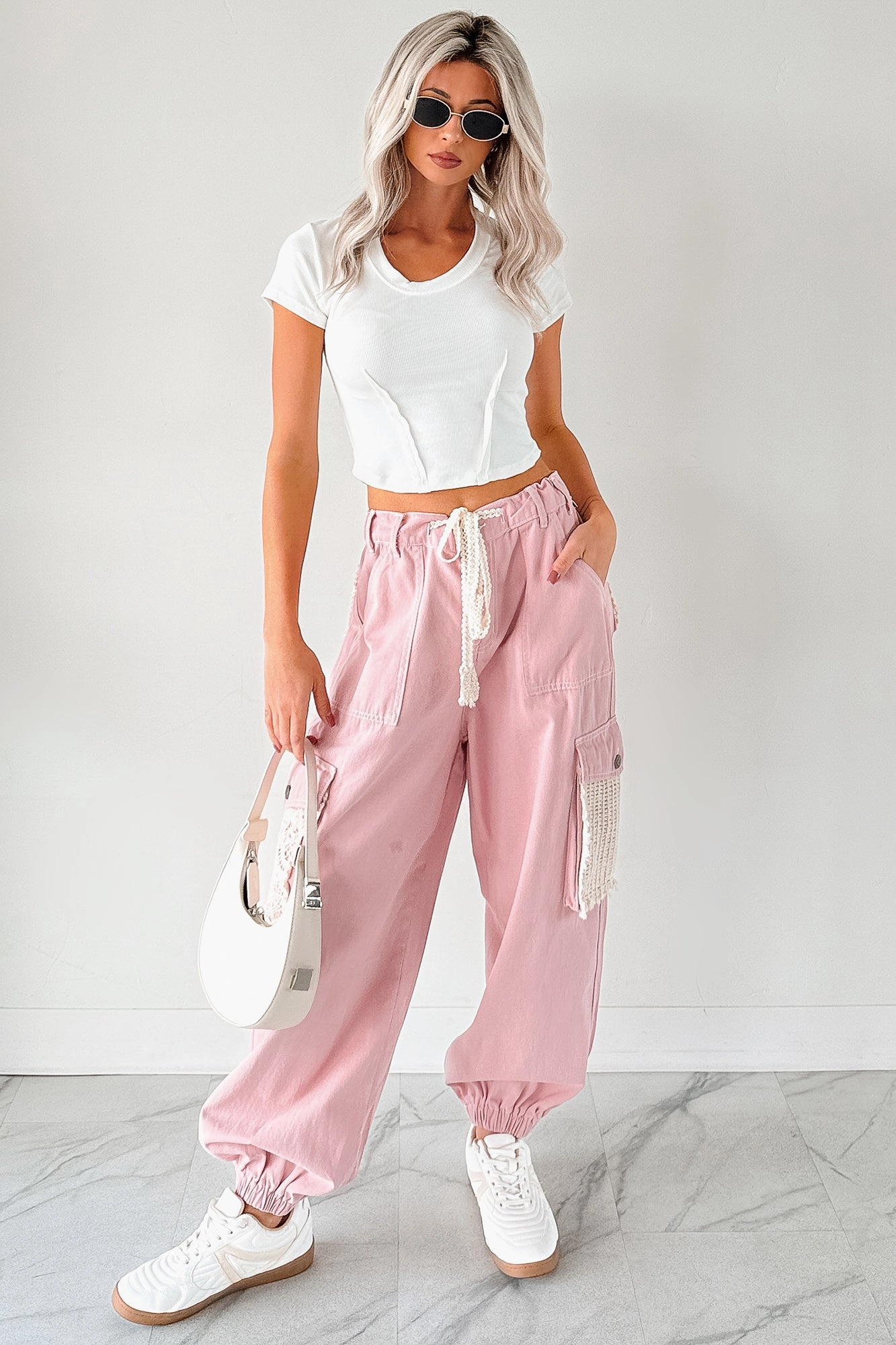 AntiPillingFabric Clean Finish Sweet Melody Crochet Denim POL Joggers (Powder Pink)