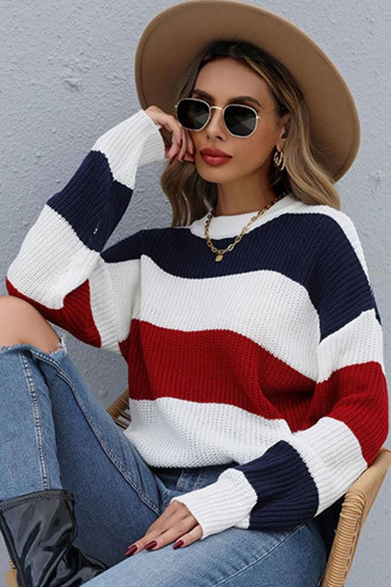 FlexibleElasticatedEdging Compression Fit Technology LONG SLEEVE BIG STRIPE ROUND NECK SWEATER