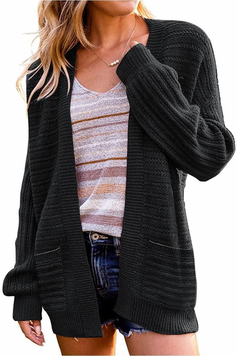 WOMENS KNITTED OPEN FRONT CARDIGAN Grid Texture Fabric Curved Hem