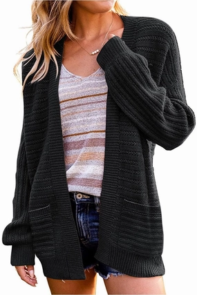 WOMENS KNITTED OPEN FRONT CARDIGAN Grid Texture Fabric Curved Hem