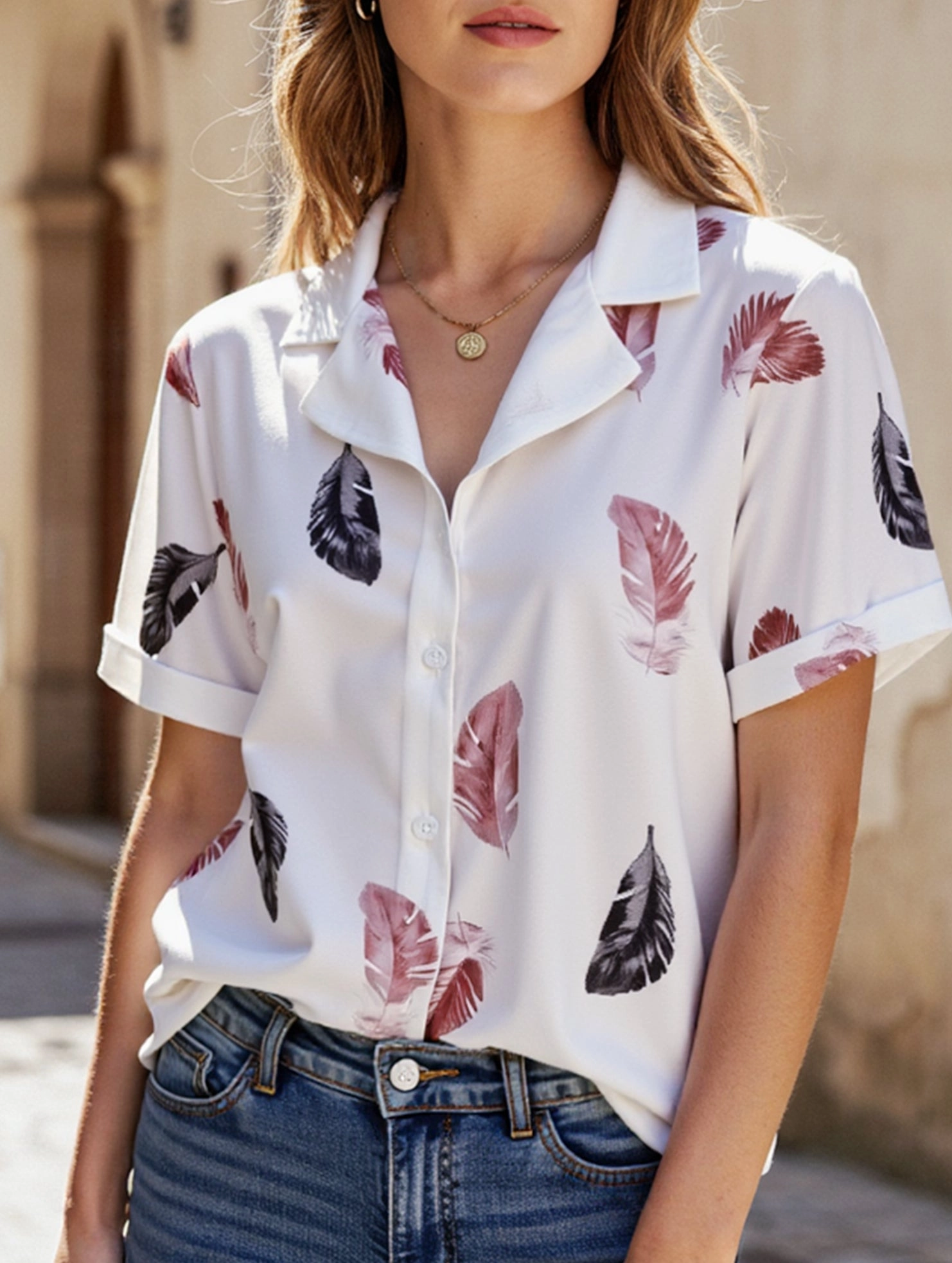 Suit Collar Feather Detail Shirt ??Short Sleeve Loose Fit, S???XL StaticResistantFabric