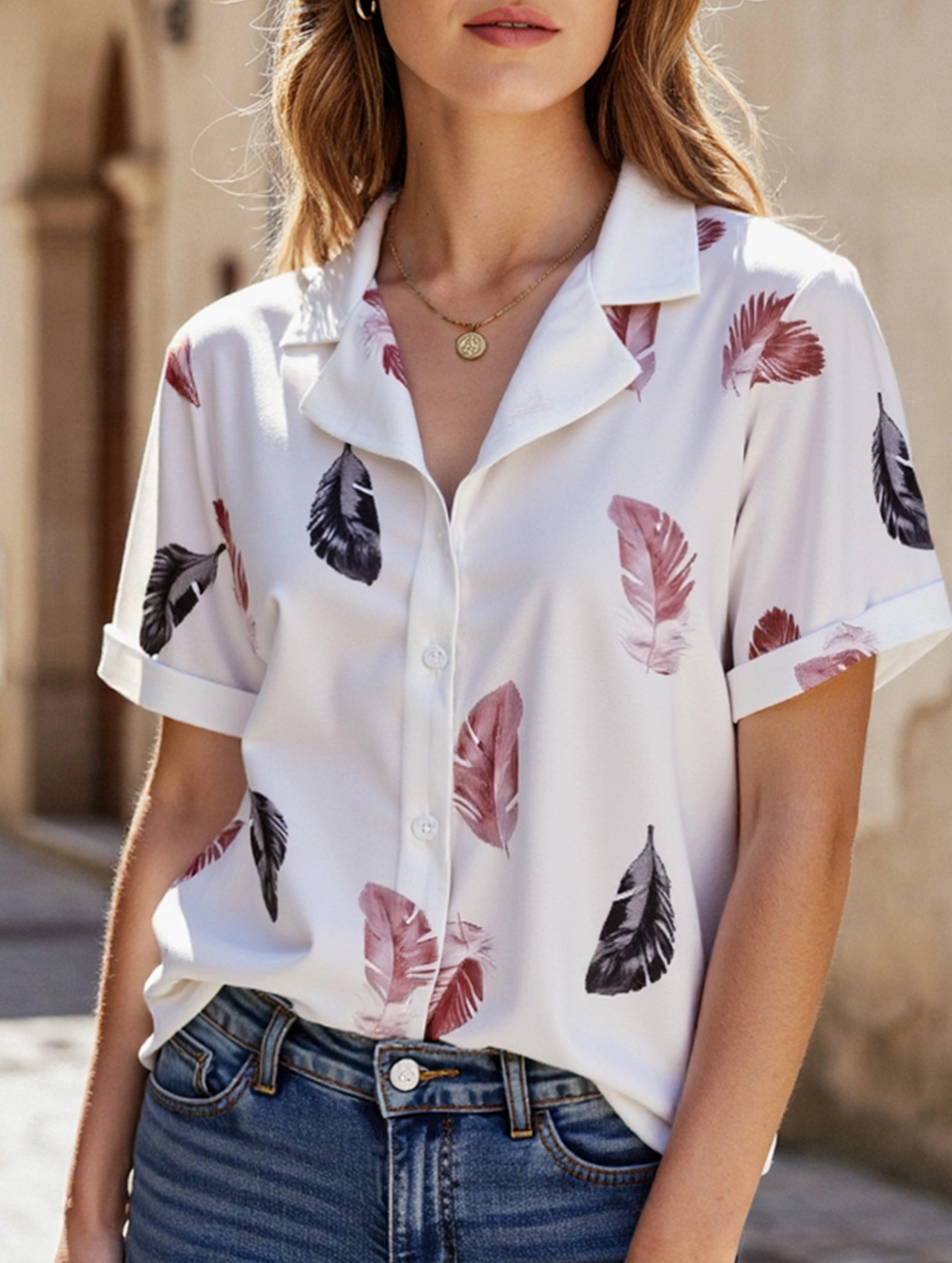 Suit Collar Feather Detail Shirt ??Short Sleeve Loose Fit, S???XL Garment Washed Softness