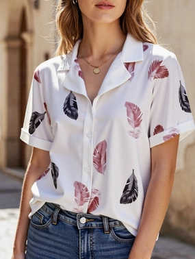 Suit Collar Feather Detail Shirt ??Short Sleeve Loose Fit, S???XL StaticResistantFabric