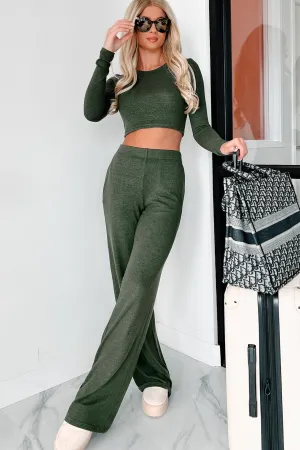 Asa Heathered Knit Crop Top & Pants Set (Olive) Breathable mesh Casual Blouse