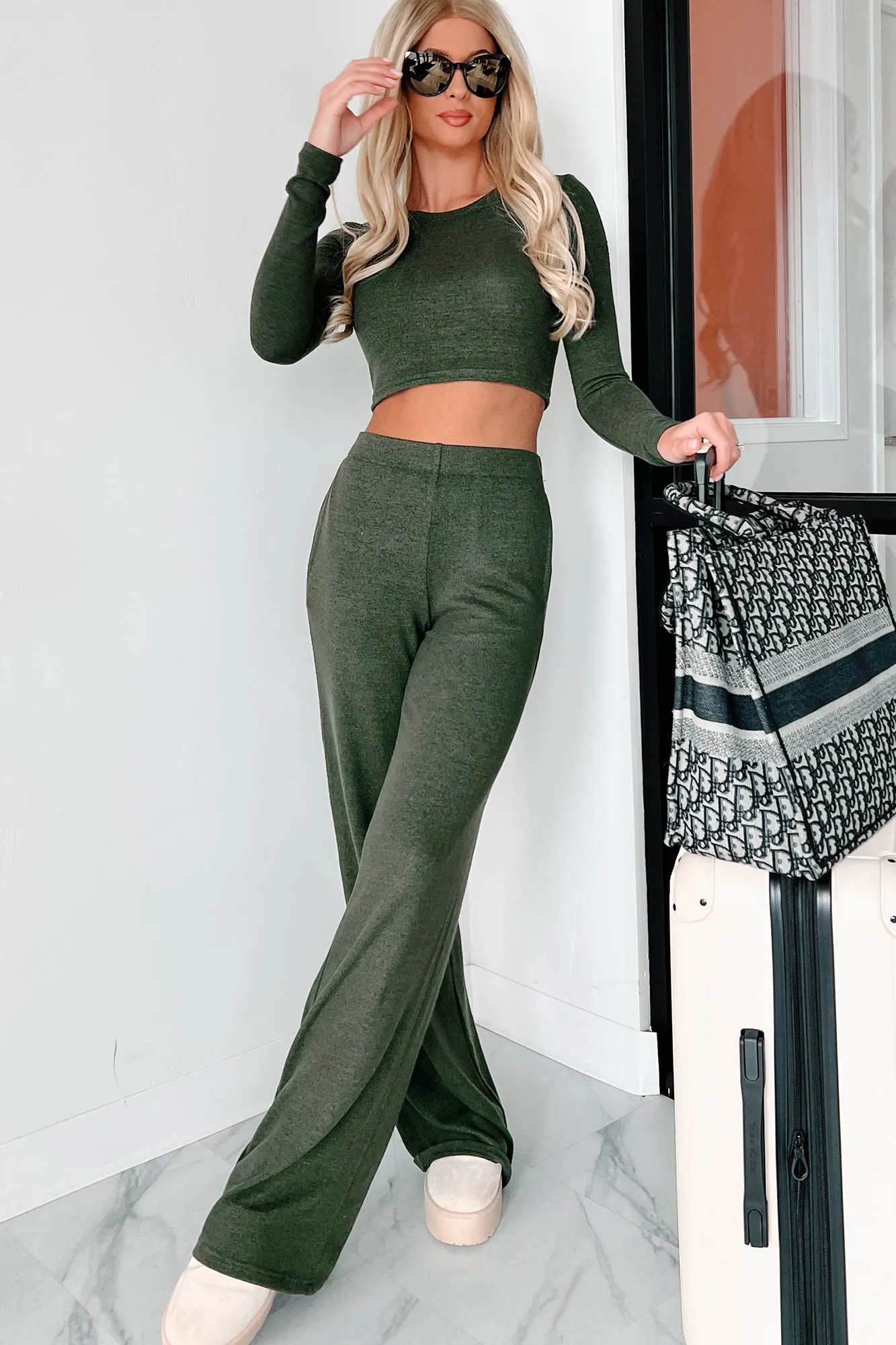 Asa Heathered Knit Crop Top & Pants Set (Olive) Breathable mesh Casual Blouse