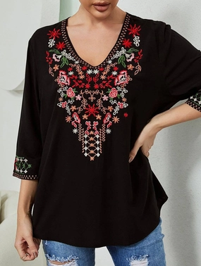 COTTON LOOSE DEEP V EMBROIDERED TOP_CWTBLL0818 Breathable Construction Garment Dyed Finish