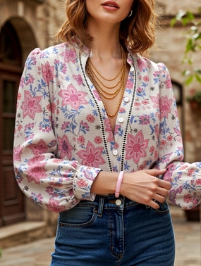 Retro printed long-sleeved shirt TwillWeave Flexible Knit Fabric