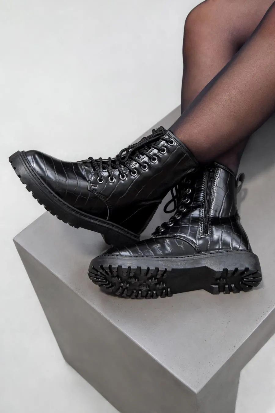 REMI Chunky Ankle Boots - Black Croc