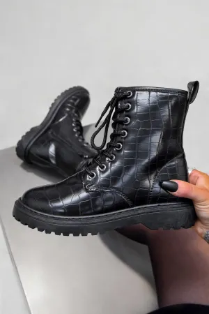 REMI Chunky Ankle Boots - Black Croc