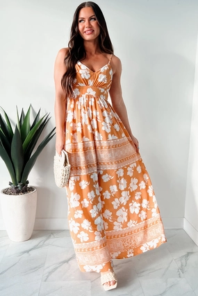 Honolulu Happy Hour Floral Maxi Dress (Apricot) Back-Pocket Waist Seam