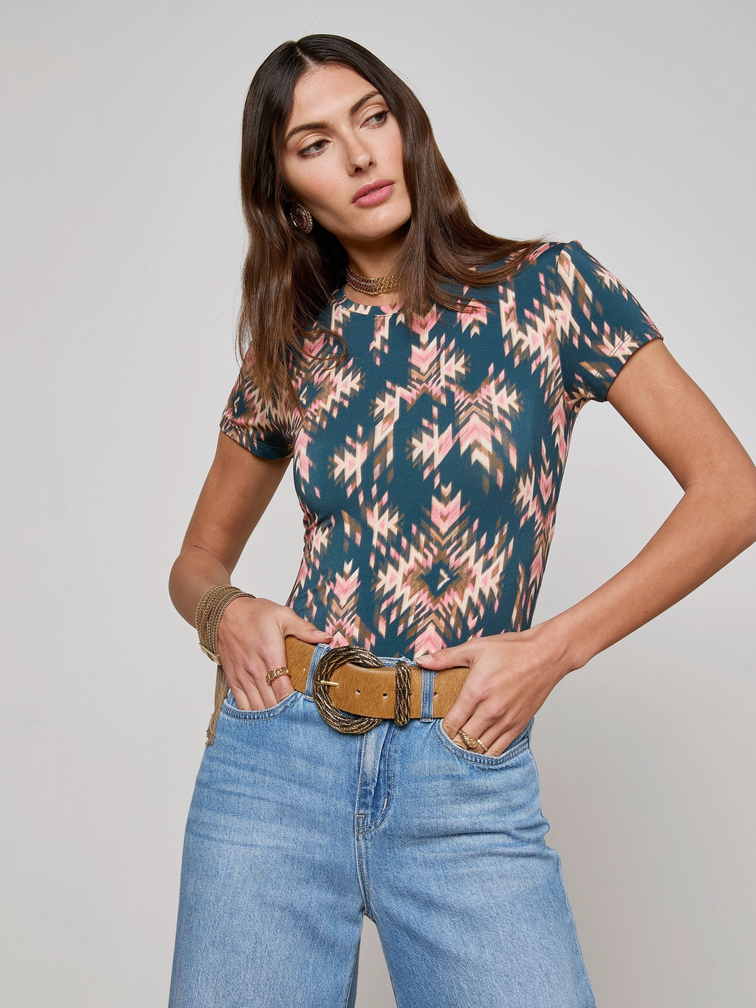 Ressi Fitted Tee Charcoal Multi Ganado Print Layered Hemline Durable Double Stitching