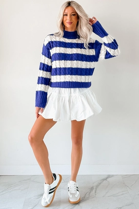 Thermoregulating Fabric Restful Rhythm Cable Knit Striped Sweater (Royal)