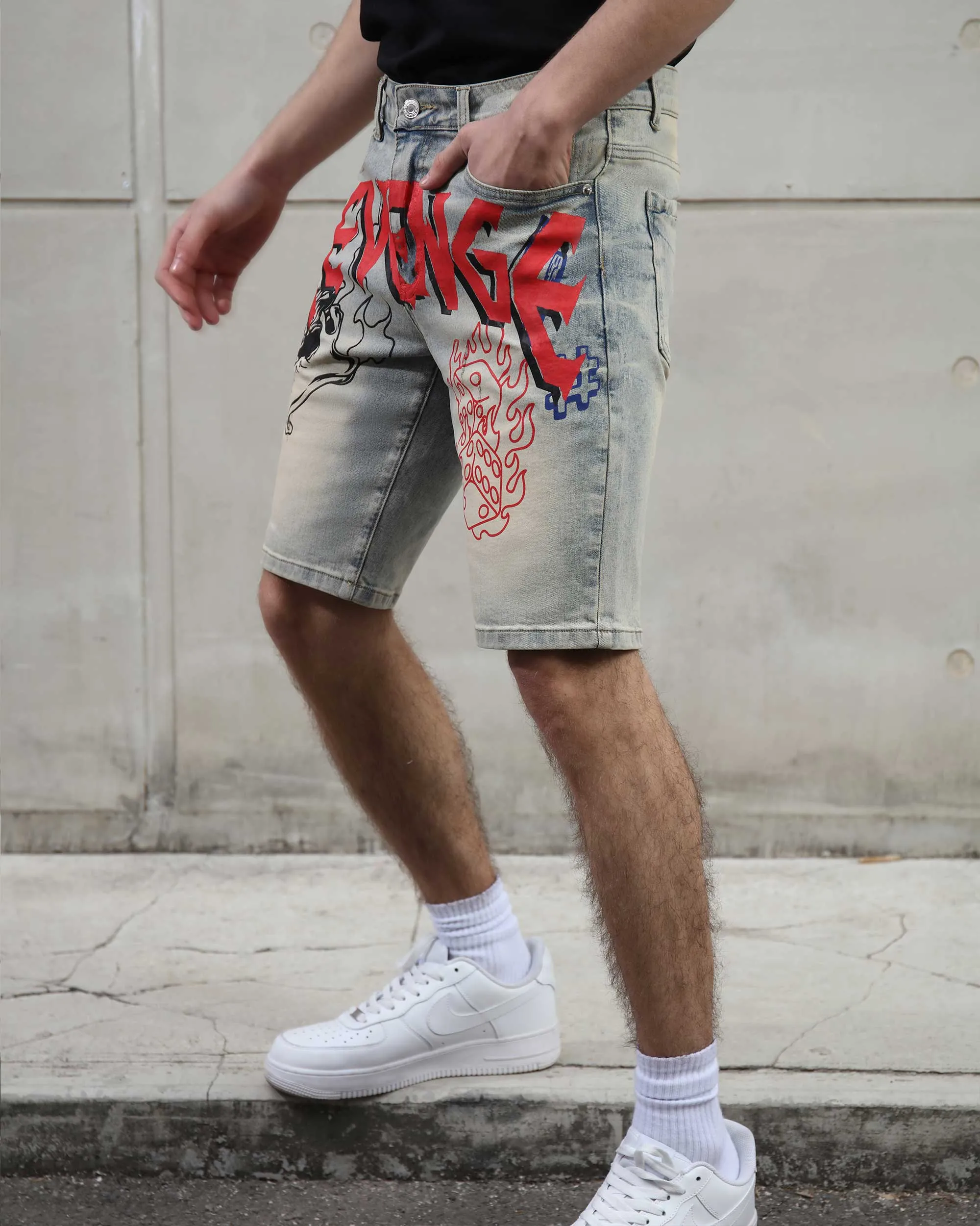 Retro Distressed Blue Denim Shorts with Street Graffiti-Mexico Local Delivery